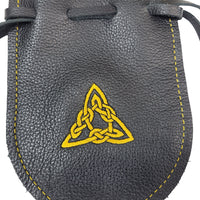 Handcrafted leather drawstring pouch with gold triangle embroidery