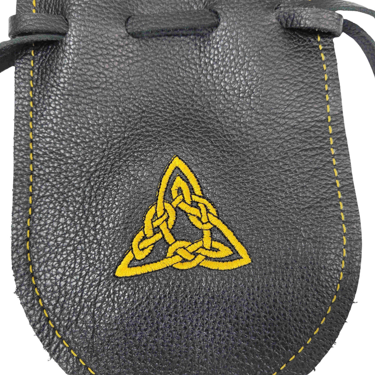 Handcrafted black leather drawstring pouch featuring a gold embroidered triangle design for everyday carry, travel, dice, and collectibles.