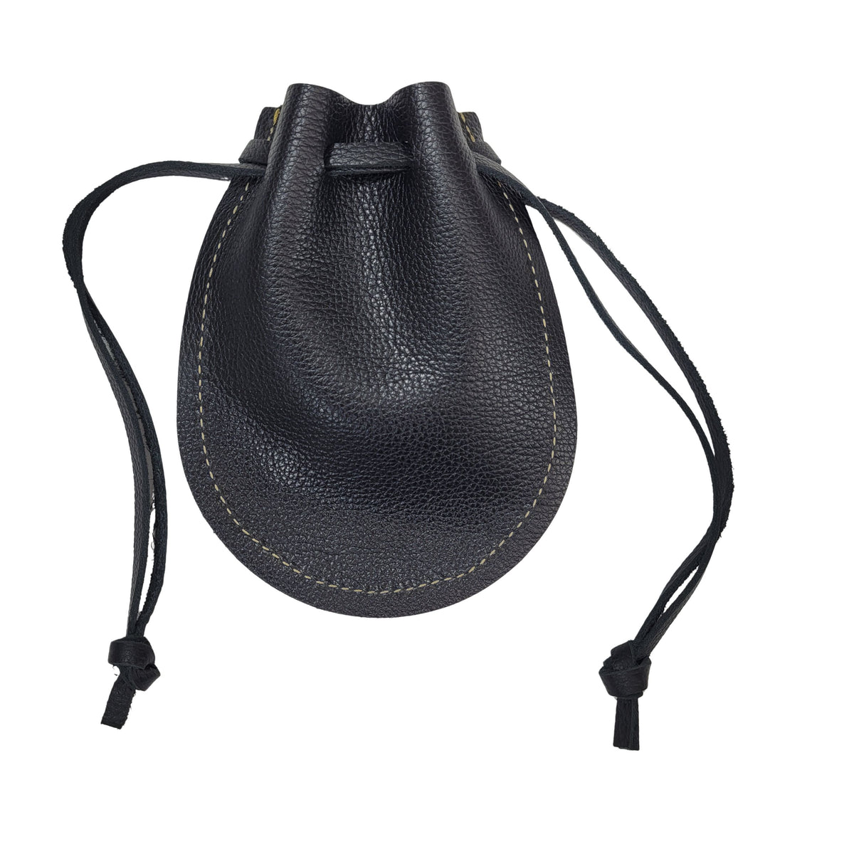 Back view of handcrafted black leather drawstring pouch