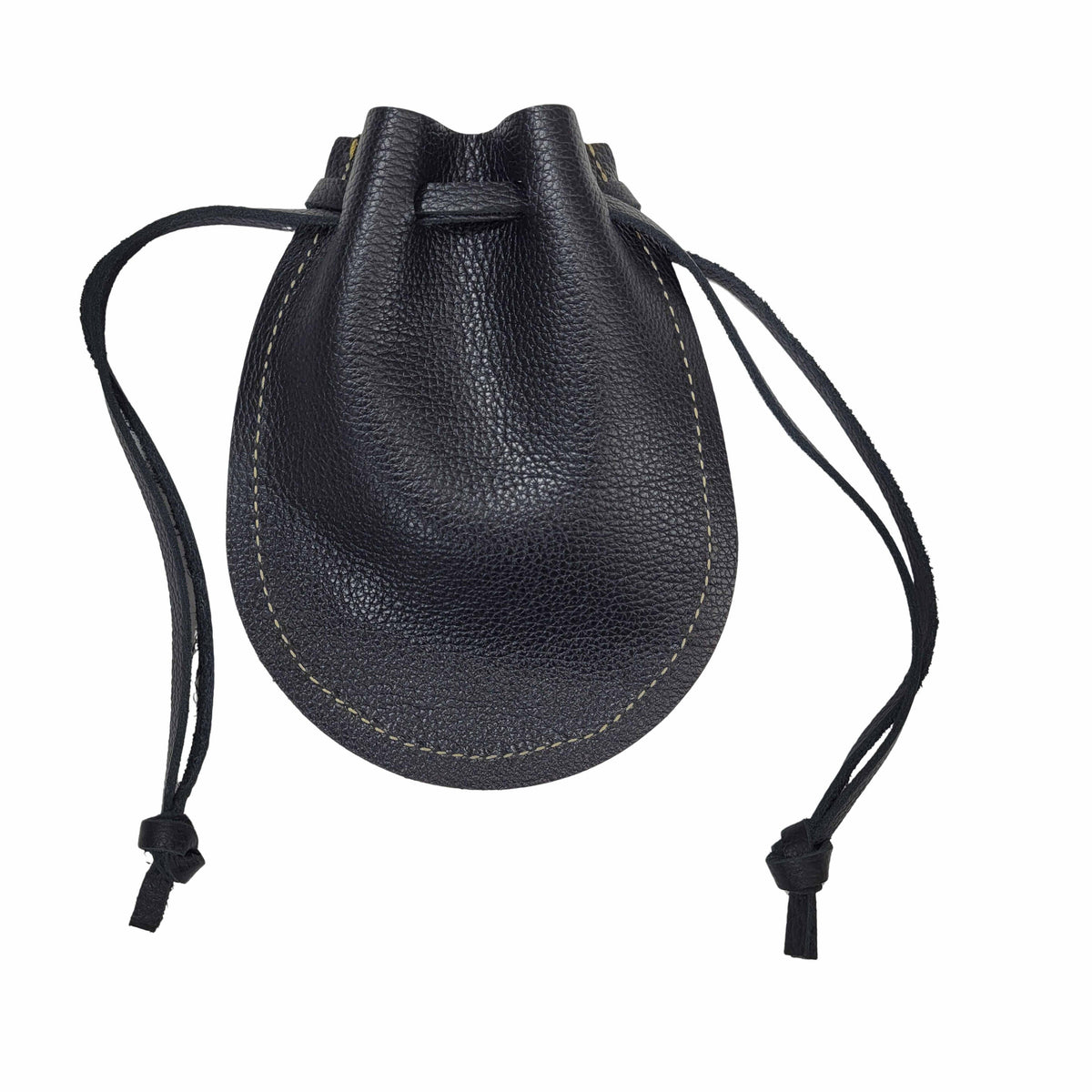 Handcrafted black leather drawstring pouch made in the USA for everyday carry, travel, dice, coins, jewelry, and small essentials.