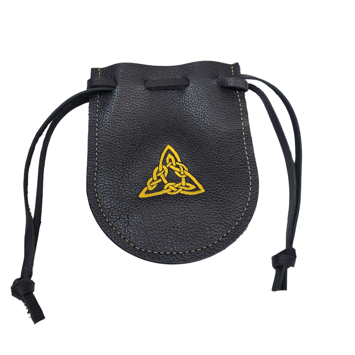 Handcrafted black leather drawstring pouch with gold triangle embroidery