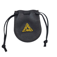 Handcrafted black leather drawstring pouch with gold triangle embroidery
