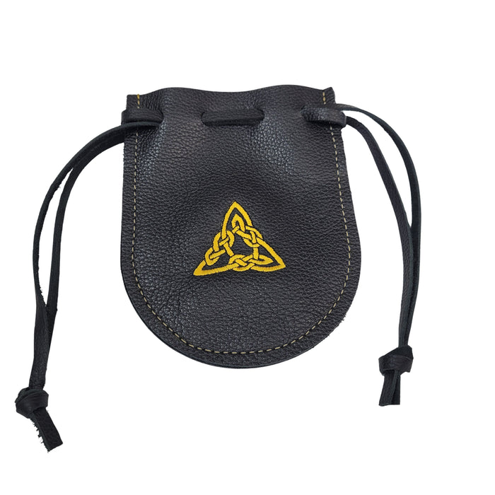 Handcrafted black leather drawstring pouch with gold triangle embroidery