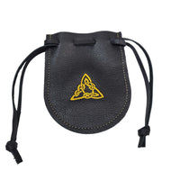 Handcrafted black leather drawstring pouch featuring a gold embroidered triangle design for everyday carry, travel, dice, and collectibles.
