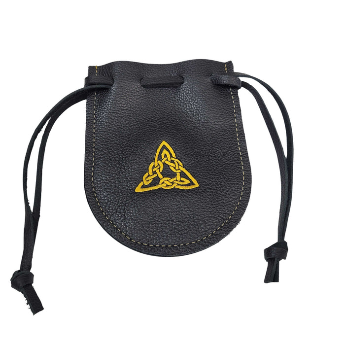 Handcrafted black leather drawstring pouch featuring a gold embroidered triangle design for everyday carry, travel, dice, and collectibles.
