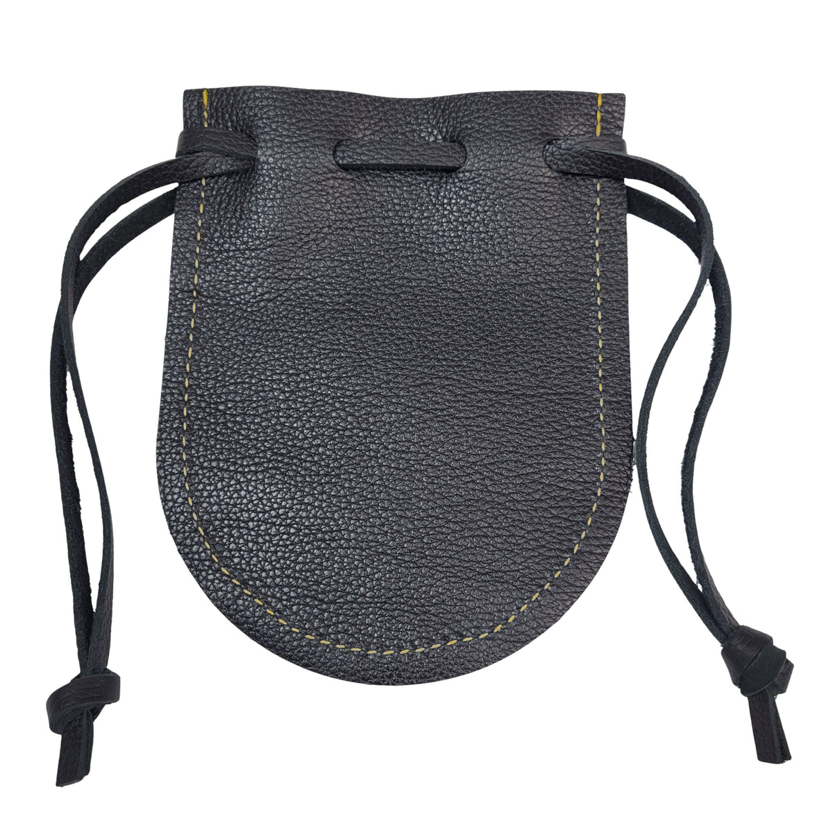 Back view of handcrafted leather drawstring pouch