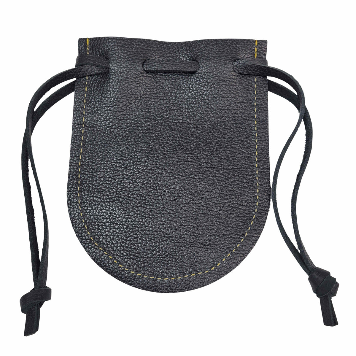 Handcrafted black leather drawstring pouch displayed with antique compass, vintage keys, and collectible coins, ready for life's adventures.  Made in the USA.