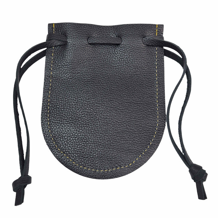 Handcrafted black leather drawstring pouch displayed with antique compass, vintage keys, and collectible coins, ready for life's adventures.  Made in the USA.