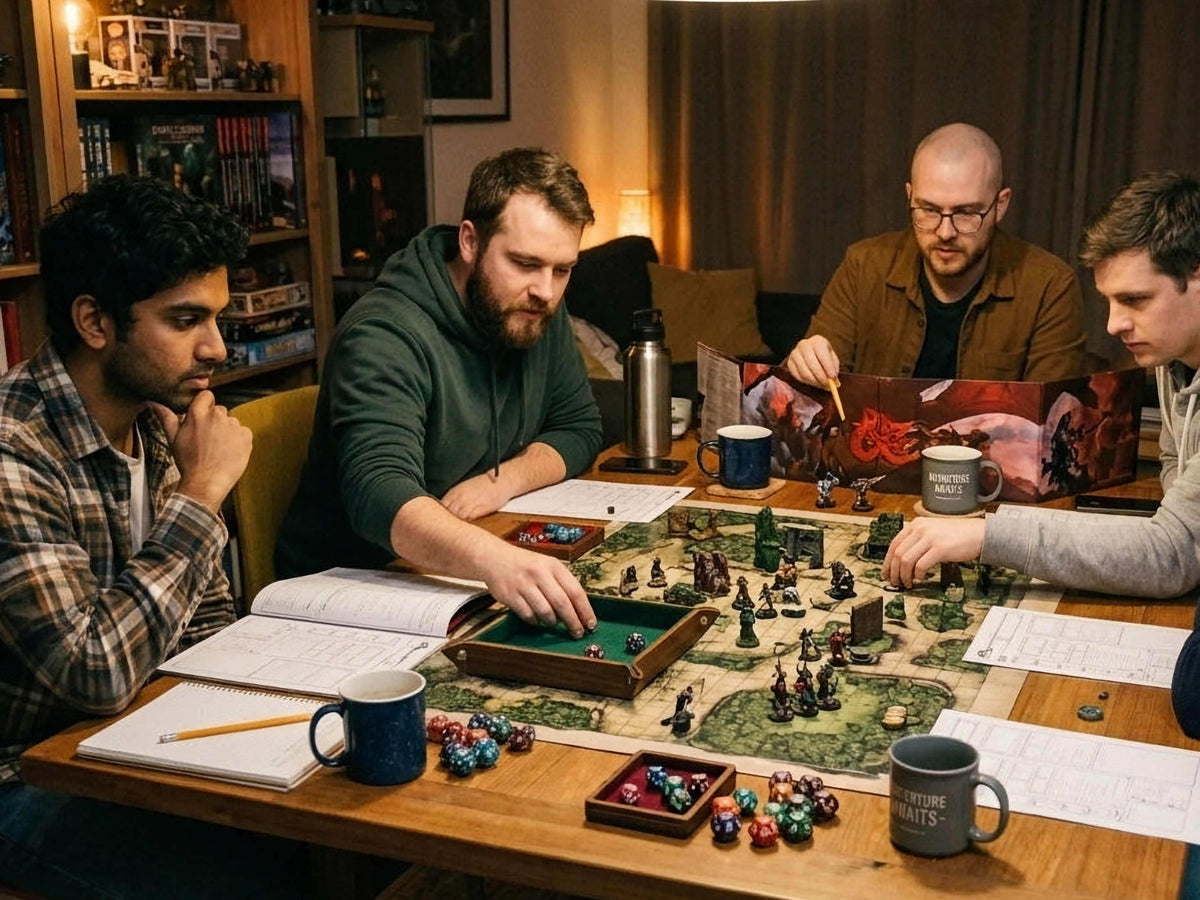 Four men gathered around a wooden table in a dimly lit room, playing a tabletop wargame with miniatures, dice, mugs, and game boards. Books and shelves are visible in the background.