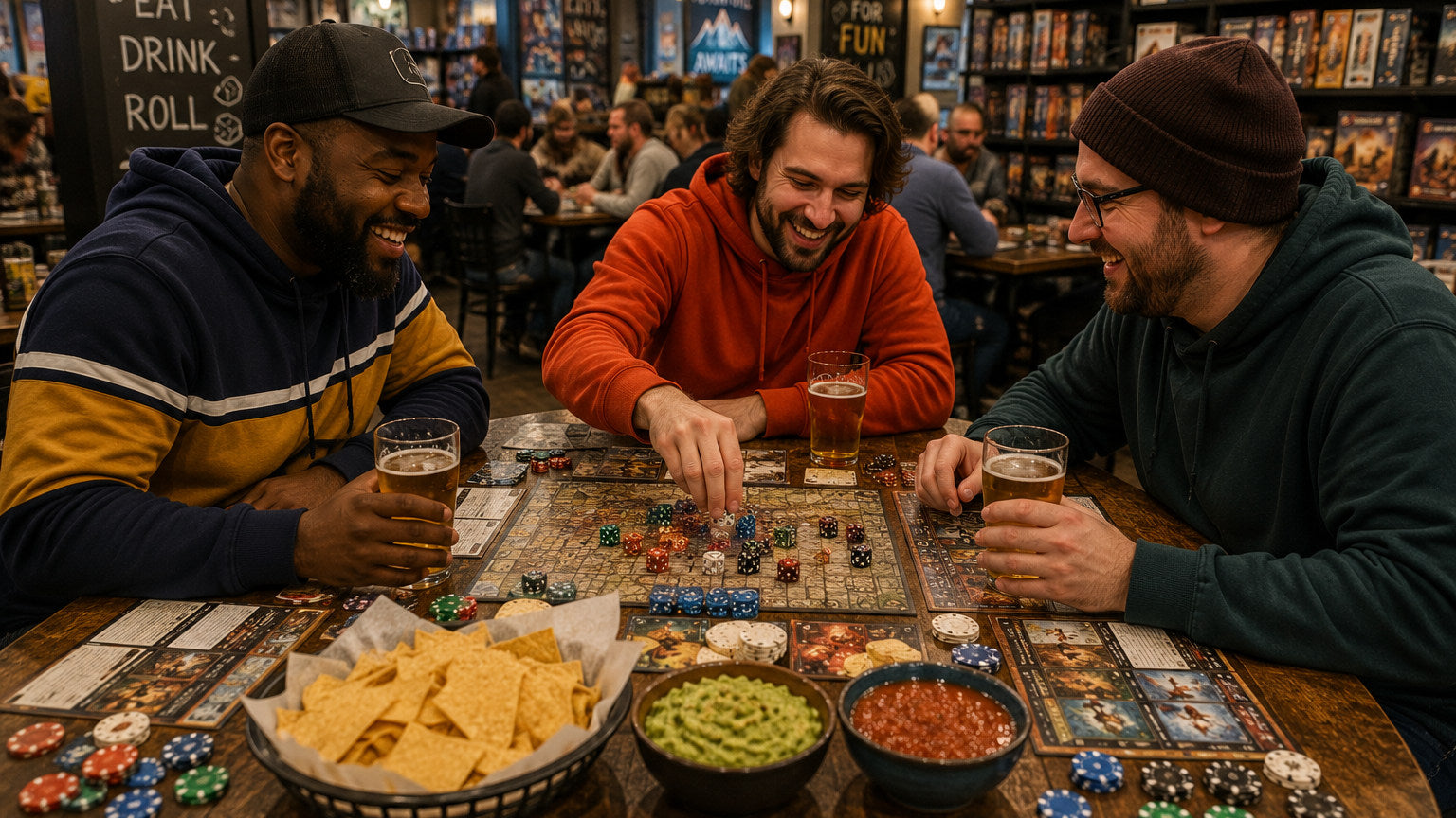 Three men laughing and playing a board game at a wooden table in a dimly lit bar or cafe, with bowls of chips, salsa, and guacamole in the foreground.