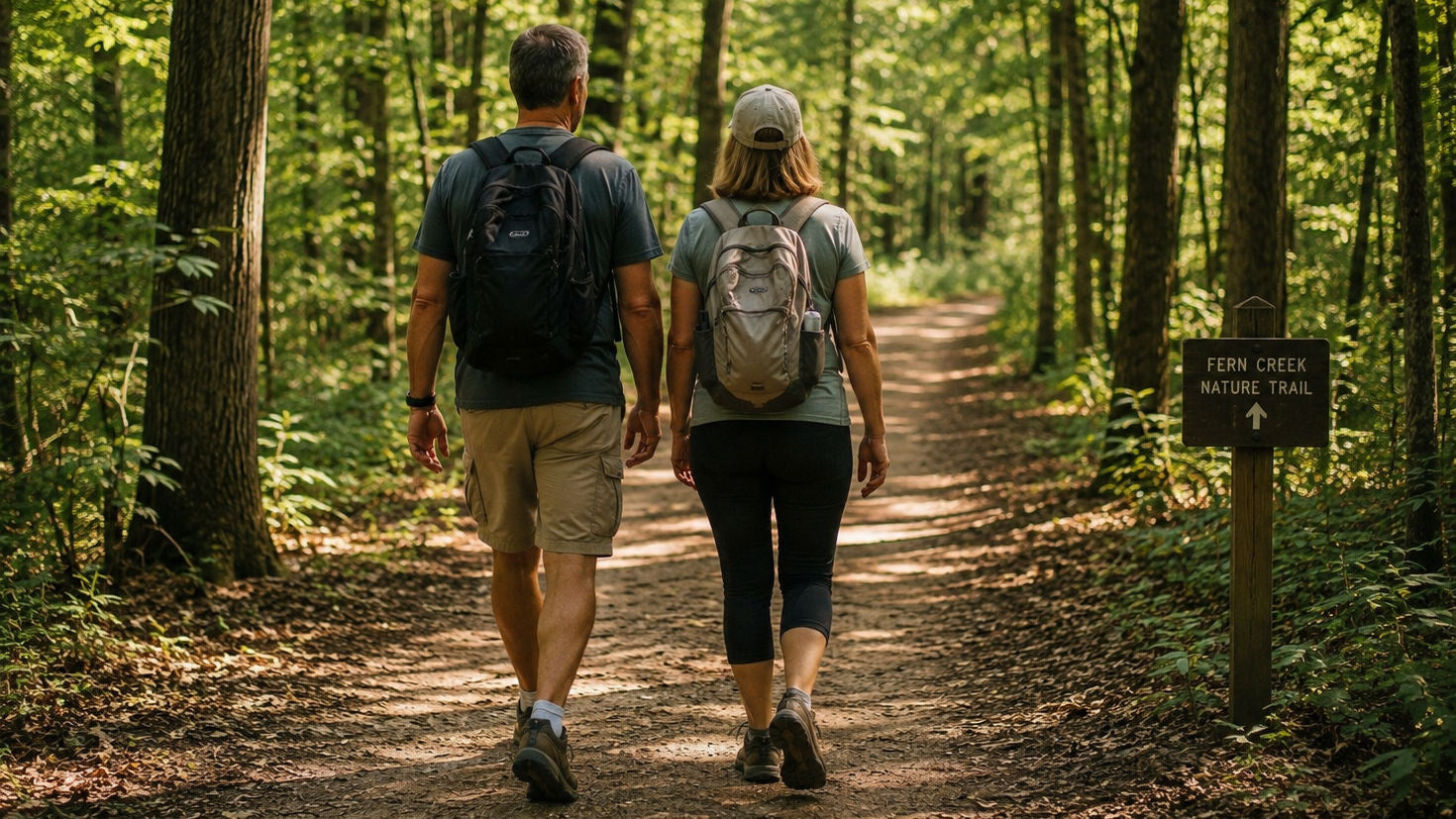 A man and a woman walking away on a forest trail, each wearing a backpack. A sign on the right reads 'Twin Creek Nature Trail'.