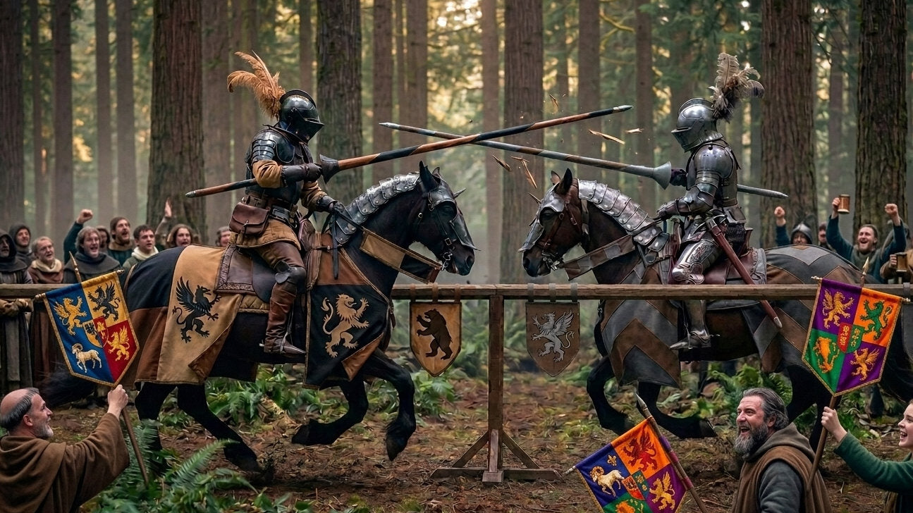 Renaissance Jousters with people cheering