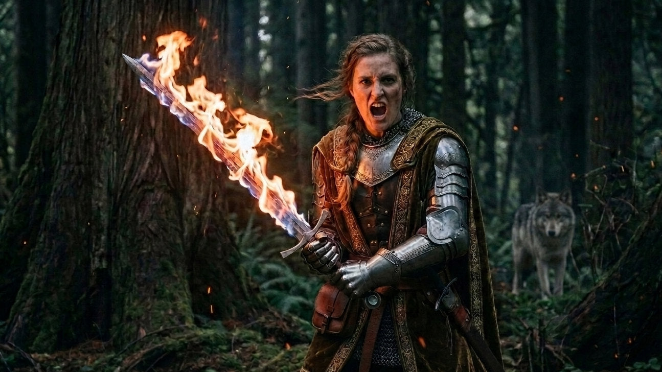 Woman screaming with fire sword and wolf.