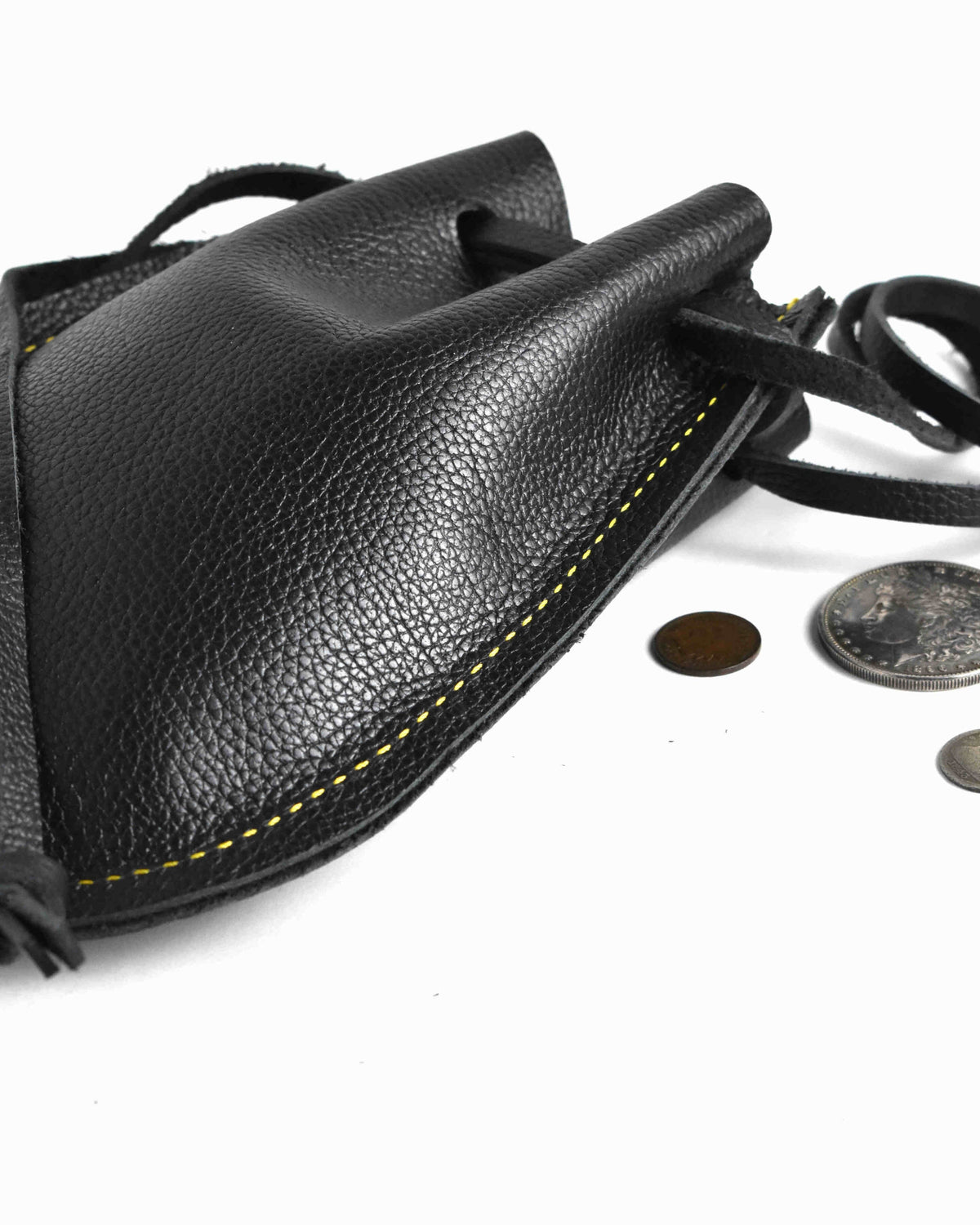 Large handcrafted black leather drawstring pouch made in the USA for travel, everyday carry, tablets, journals, and larger personal essentials.