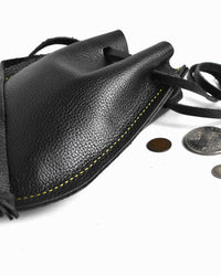 Large handcrafted black leather drawstring pouch made in the USA for travel, everyday carry, tablets, journals, and larger personal essentials.