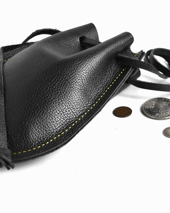 Large handcrafted black leather drawstring pouch made in the USA for travel, everyday carry, tablets, journals, and larger personal essentials.
