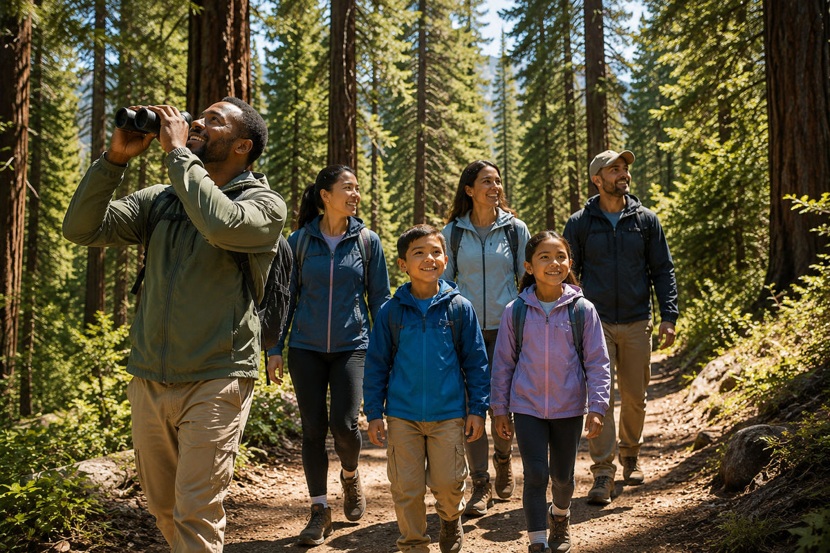 A family of five hiking together on a forest trail, with a man in the front using binoculars. The group is wearing outdoor jackets and pants, surrounded by tall pine trees.