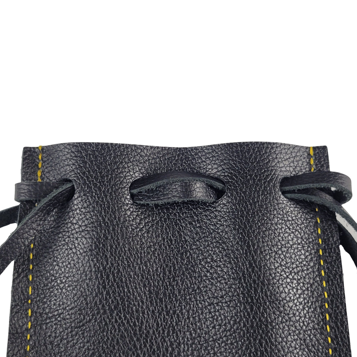 Close-up of leather drawstring closure and craftsmanship