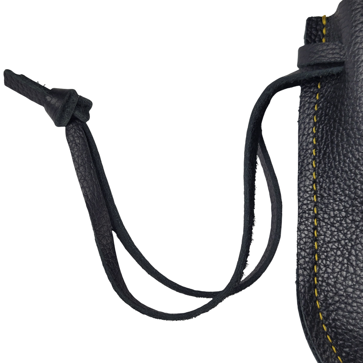 Close-up of black leather drawstring closure