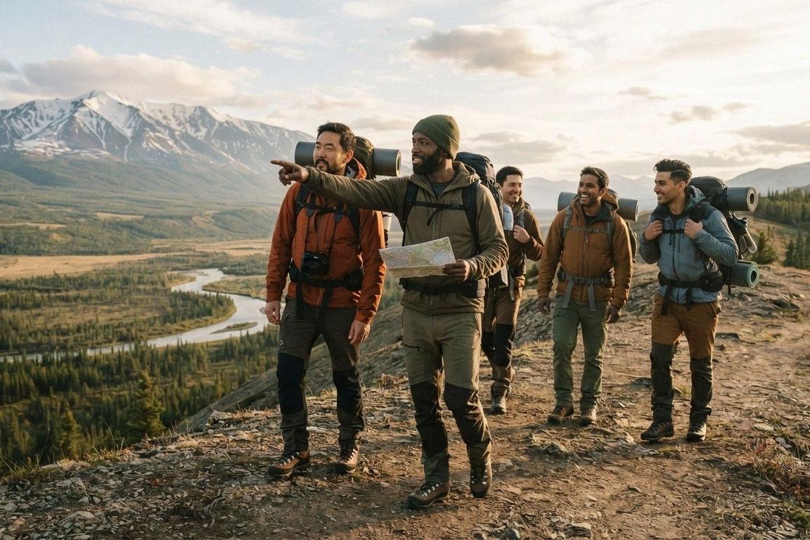 Group of men travelers overlooking a valley