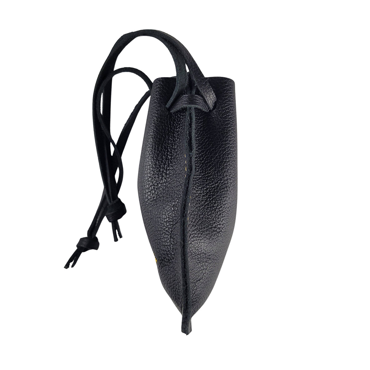 Handcrafted black leather drawstring pouch displayed showing the side view.  Great for travel gear, notebooks, electronics, and everyday carry accessories.