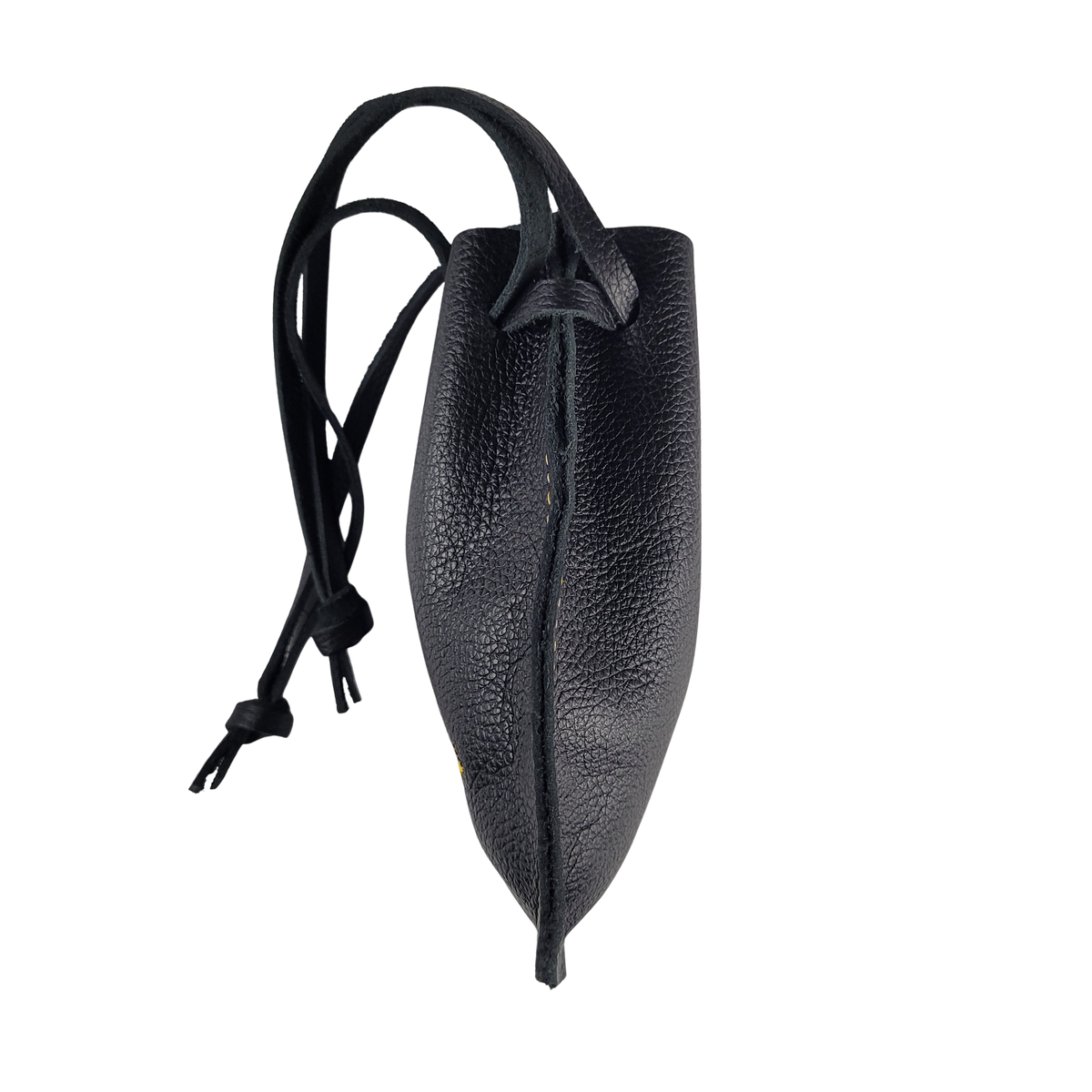 Side profile of handcrafted black leather drawstring pouch
