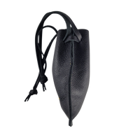 Side profile of handcrafted black leather drawstring pouch